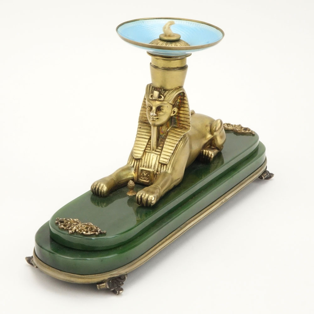 20th Century Russian Egyptian Revival Nephrite Jade, 88 Silver and Guilloche Enamel Figural Sphinx Desk Lighter