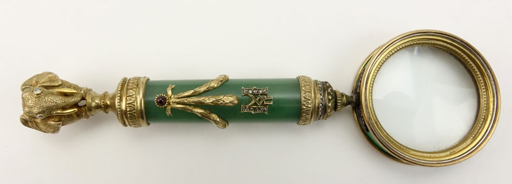 Early 20th Century Russian Gilt 88 Silver Mounted Nephrite Jade and Guilloche Enamel Magnifying Glass with Elephant Finial and with European and Rose Cut Diamond Accents in Fitted Box Signed Faberge