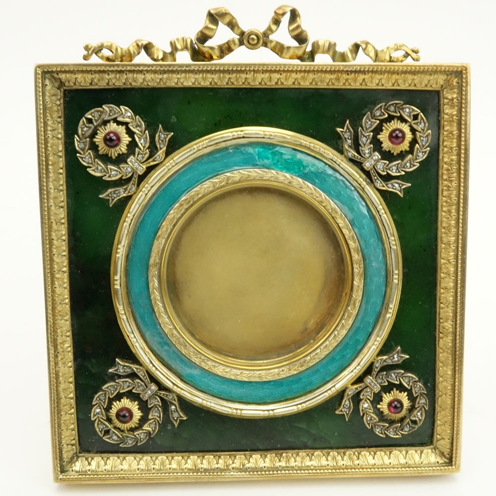 Early 20th Century Russian Nephrite Jade, Guilloche Enamel and 88 Silver Picture Frame with Rose Cut Diamond and Gem Stone accents in Fitted Case Signed Faberge