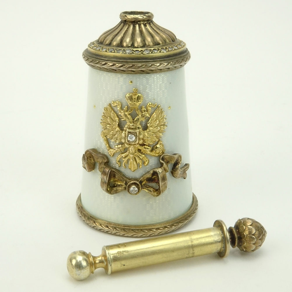 Early 20th Century Russian 88 Gilt Silver, Guilloche Enamel and Rose Cut Diamond Glue Pot