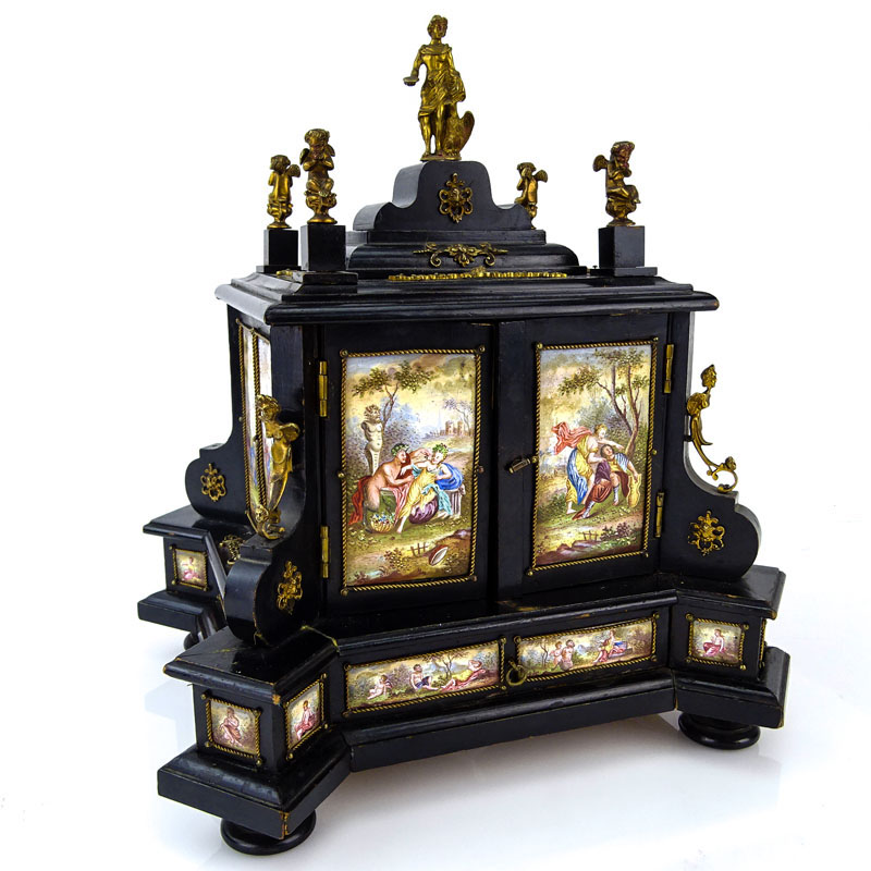 19/20th Century Bronze Mounted Renaissance style Ebonized Miniature Cabinet with Viennese Enamel Plaques