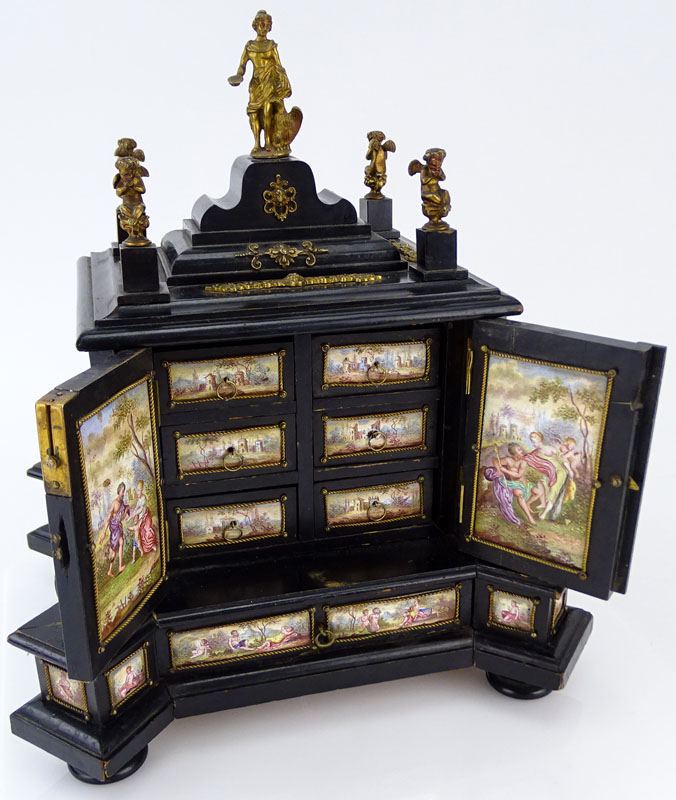 19/20th Century Bronze Mounted Renaissance style Ebonized Miniature Cabinet with Viennese Enamel Plaques