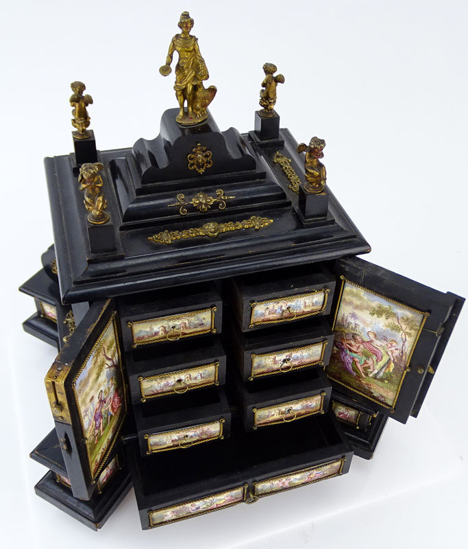 19/20th Century Bronze Mounted Renaissance style Ebonized Miniature Cabinet with Viennese Enamel Plaques