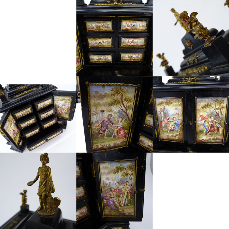 19/20th Century Bronze Mounted Renaissance style Ebonized Miniature Cabinet with Viennese Enamel Plaques