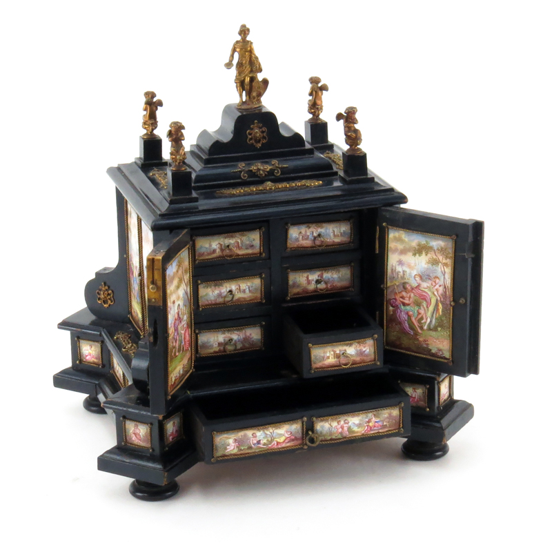 19/20th Century Bronze Mounted Renaissance style Ebonized Miniature Cabinet with Viennese Enamel Plaques