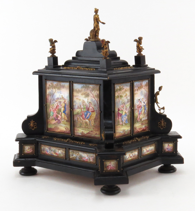 19/20th Century Bronze Mounted Renaissance style Ebonized Miniature Cabinet with Viennese Enamel Plaques