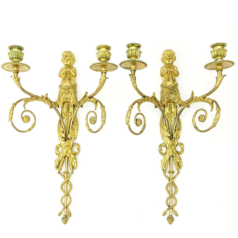 Pair of 19th Century French Gilt Bronze Figural Two Arm Sconces