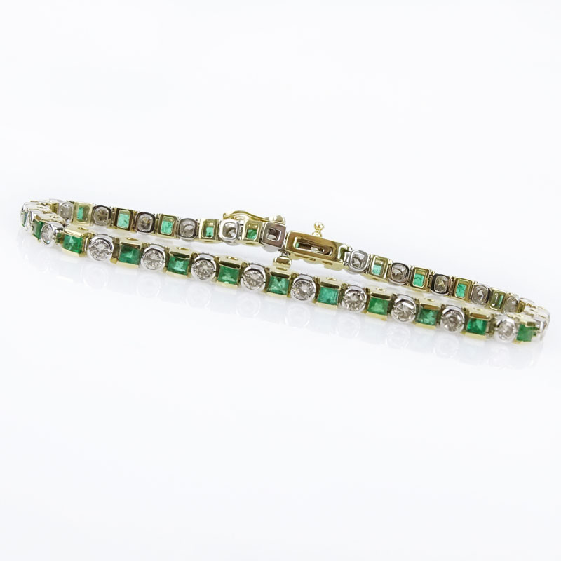 2.10 Carat Round Brilliant Cut Diamond, 2.50Carat Square Cut Emerald and 14 Karat Yellow and White Gold Line Bracelet. 