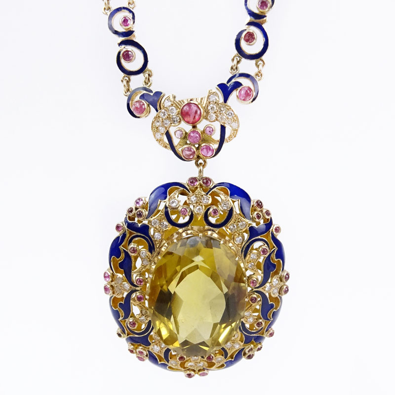 70.0 Carat Oval Cut Citrine, 1.0 Carat Diamond, Cabochon and Round Cut Ruby, Enamel and 18 Karat Rose Gold Pendant Necklace. 