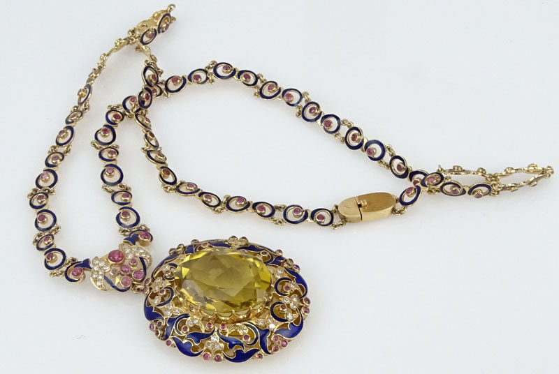 70.0 Carat Oval Cut Citrine, 1.0 Carat Diamond, Cabochon and Round Cut Ruby, Enamel and 18 Karat Rose Gold Pendant Necklace. 