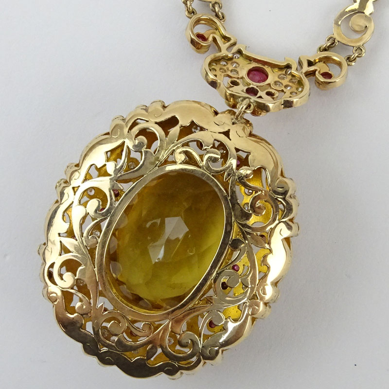 70.0 Carat Oval Cut Citrine, 1.0 Carat Diamond, Cabochon and Round Cut Ruby, Enamel and 18 Karat Rose Gold Pendant Necklace. 