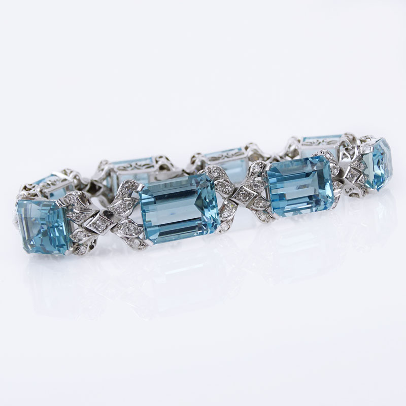 60.0 Carat Graduated Emerald Cut Aquamarine, Diamond and Platinum Bracelet. 