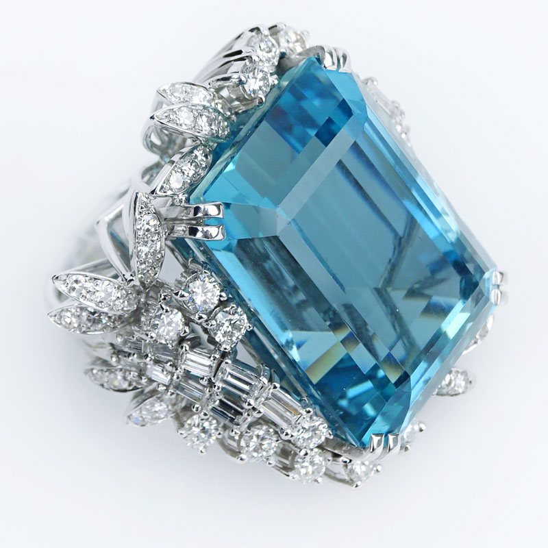  64.71 Carat Rectangular Cut Aquamarine, Diamond and Platinum Ring.