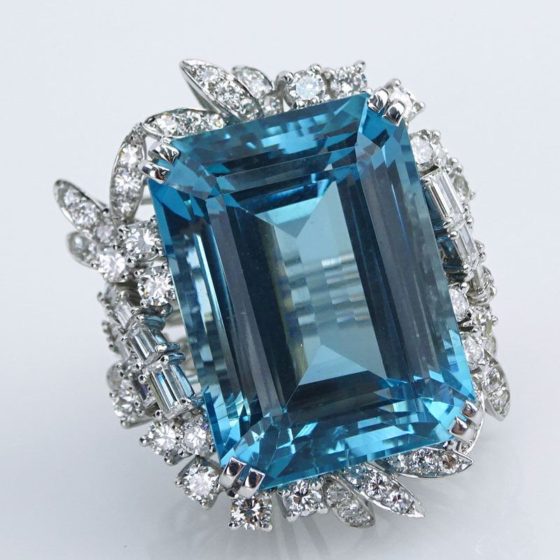  64.71 Carat Rectangular Cut Aquamarine, Diamond and Platinum Ring.