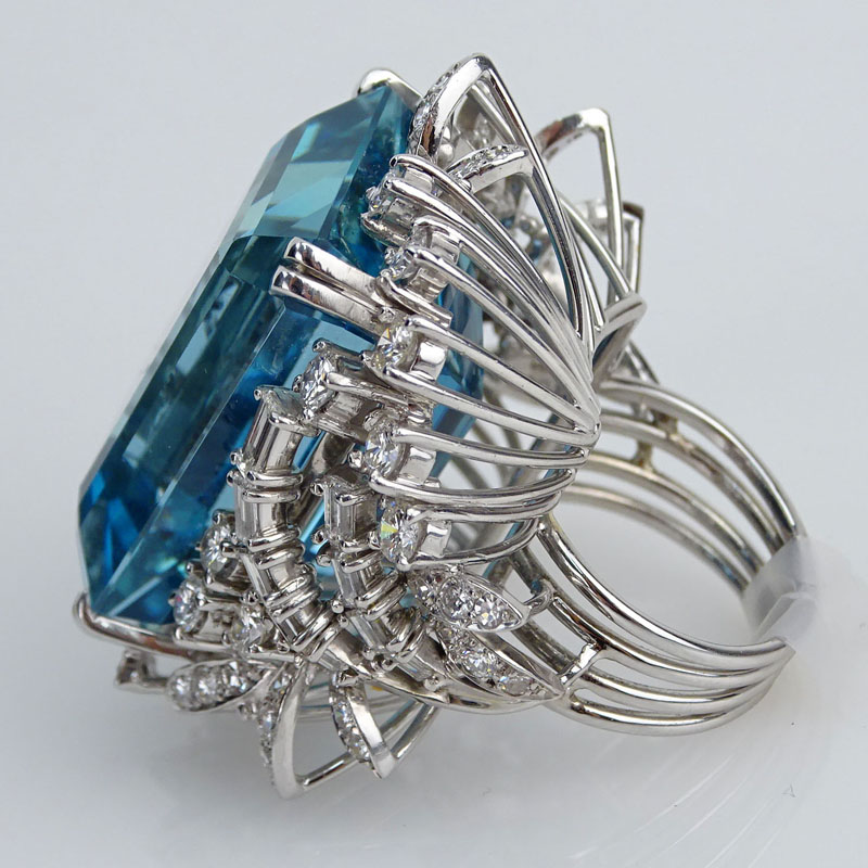  64.71 Carat Rectangular Cut Aquamarine, Diamond and Platinum Ring.