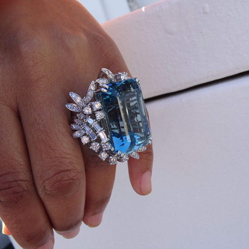  64.71 Carat Rectangular Cut Aquamarine, Diamond and Platinum Ring.