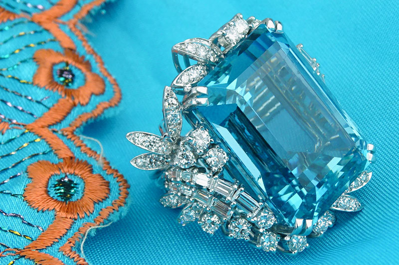  64.71 Carat Rectangular Cut Aquamarine, Diamond and Platinum Ring.