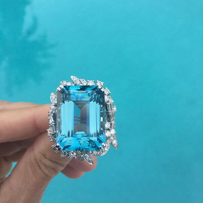  64.71 Carat Rectangular Cut Aquamarine, Diamond and Platinum Ring.