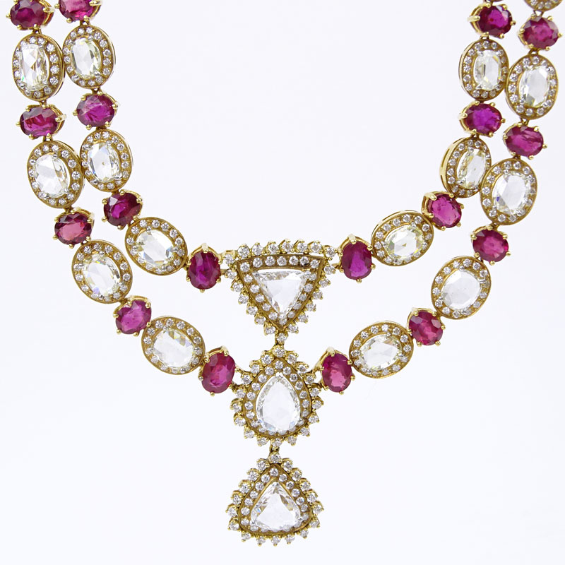 . 21.23 Carat Rose Cut Diamond, 31.95 Carat Oval Cut Burma Ruby and 18 Karat Yellow Gold Necklace. 