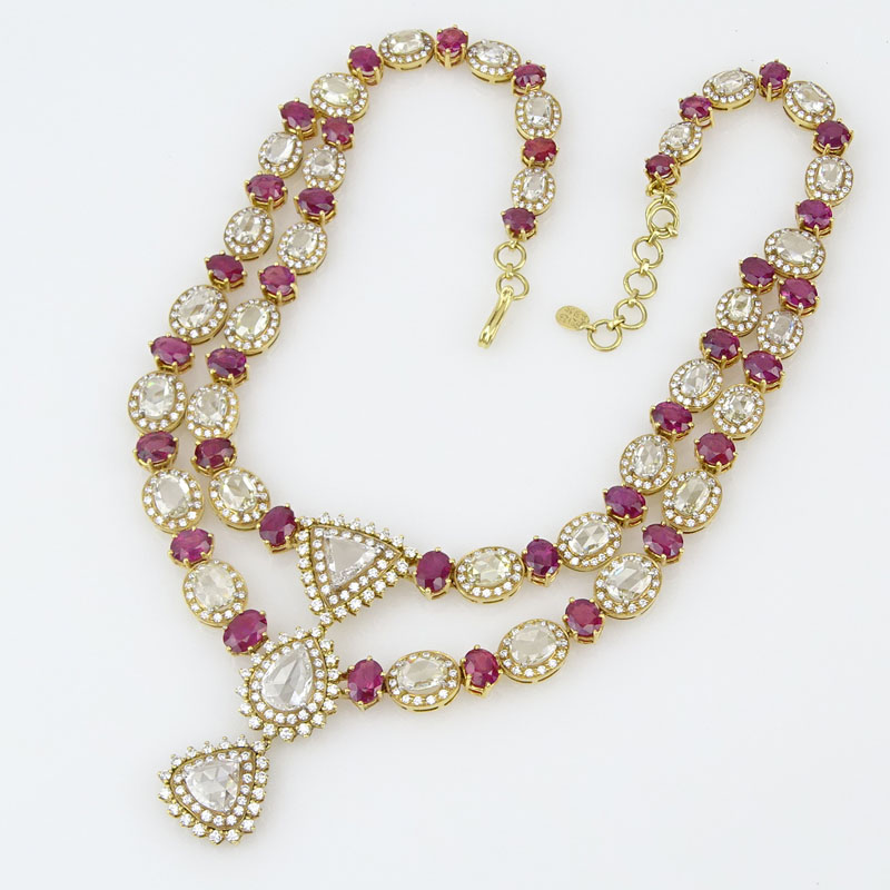 . 21.23 Carat Rose Cut Diamond, 31.95 Carat Oval Cut Burma Ruby and 18 Karat Yellow Gold Necklace. 