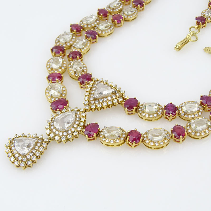 . 21.23 Carat Rose Cut Diamond, 31.95 Carat Oval Cut Burma Ruby and 18 Karat Yellow Gold Necklace. 