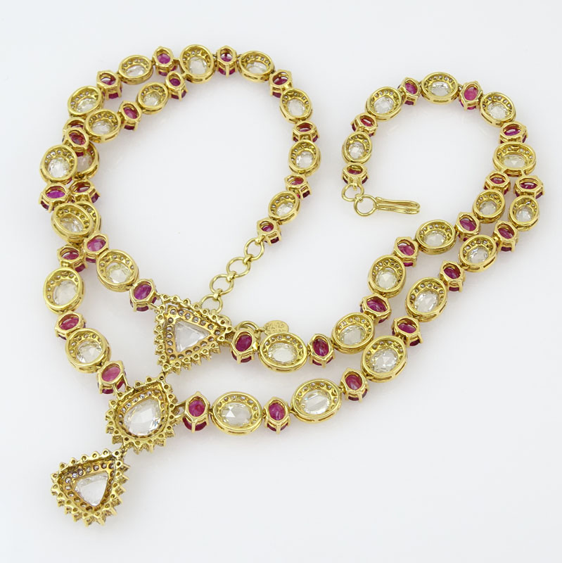 . 21.23 Carat Rose Cut Diamond, 31.95 Carat Oval Cut Burma Ruby and 18 Karat Yellow Gold Necklace. 