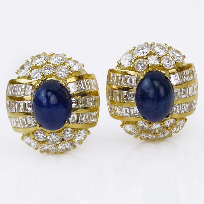 10.0 Carat Cabochon Burma Sapphire, 6.50 Carat Round Brilliant and Square Cut Diamond and 18 Karat Yellow Gold Earrings. 