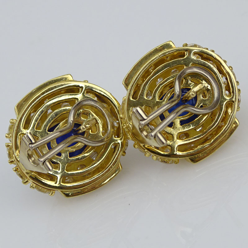 10.0 Carat Cabochon Burma Sapphire, 6.50 Carat Round Brilliant and Square Cut Diamond and 18 Karat Yellow Gold Earrings. 