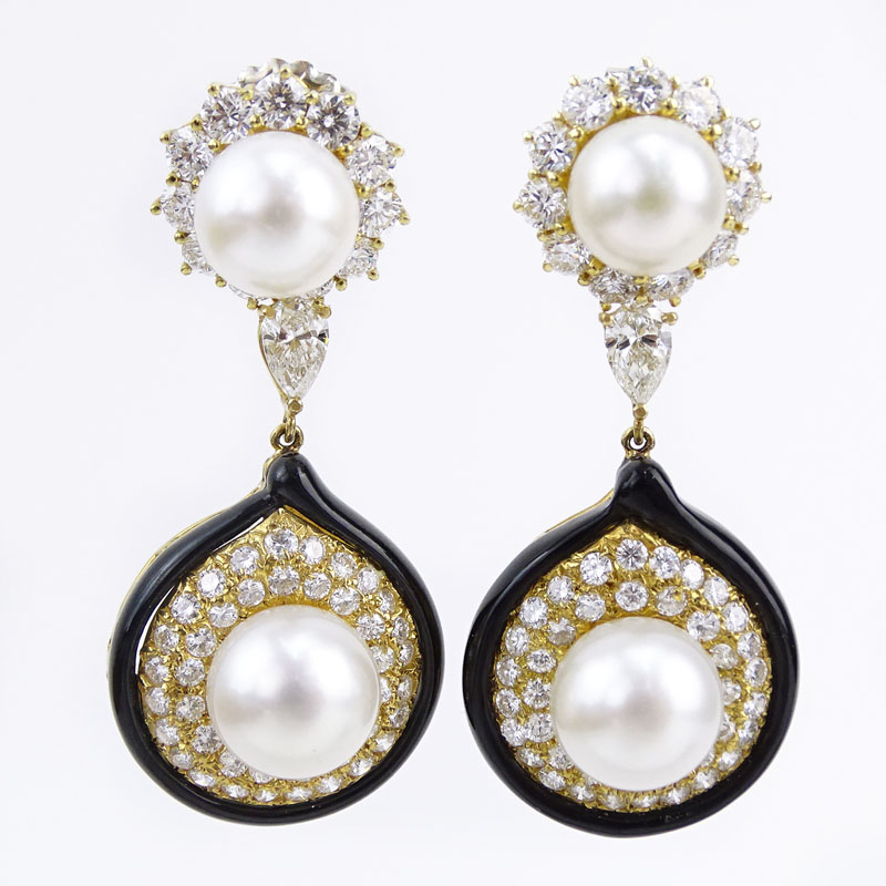 7.0 Carat Round Brilliant Cut and Pear Shape Diamond, South Sea Pearl, Enamel and 18 Karat Yellow Gold Earrings. 