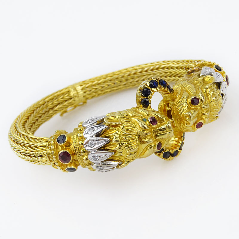 Ilias Lalaounis, Greek 18 Karat Yellow Gold Lion Head Bracelet with Diamond, Sapphire and Ruby Accents