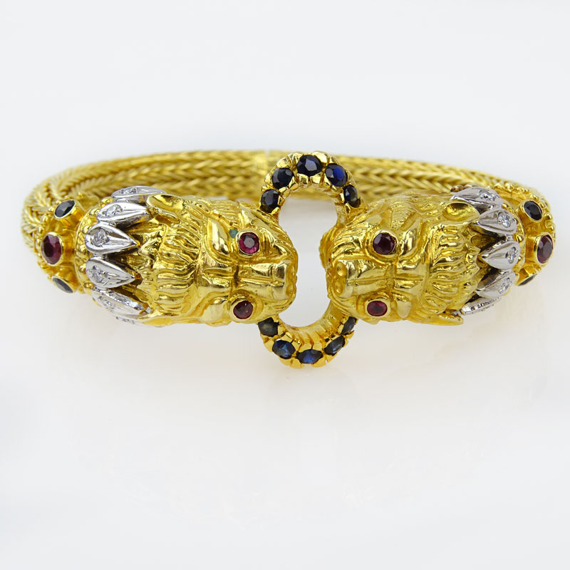 Ilias Lalaounis, Greek 18 Karat Yellow Gold Lion Head Bracelet with Diamond, Sapphire and Ruby Accents