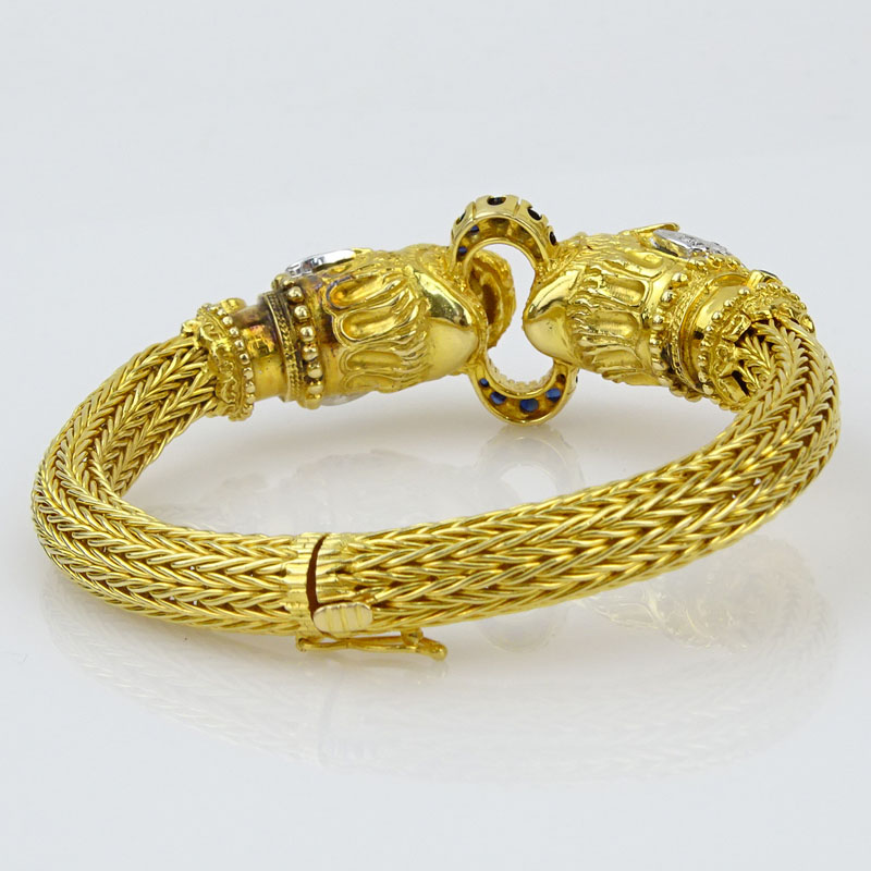 Ilias Lalaounis, Greek 18 Karat Yellow Gold Lion Head Bracelet with Diamond, Sapphire and Ruby Accents