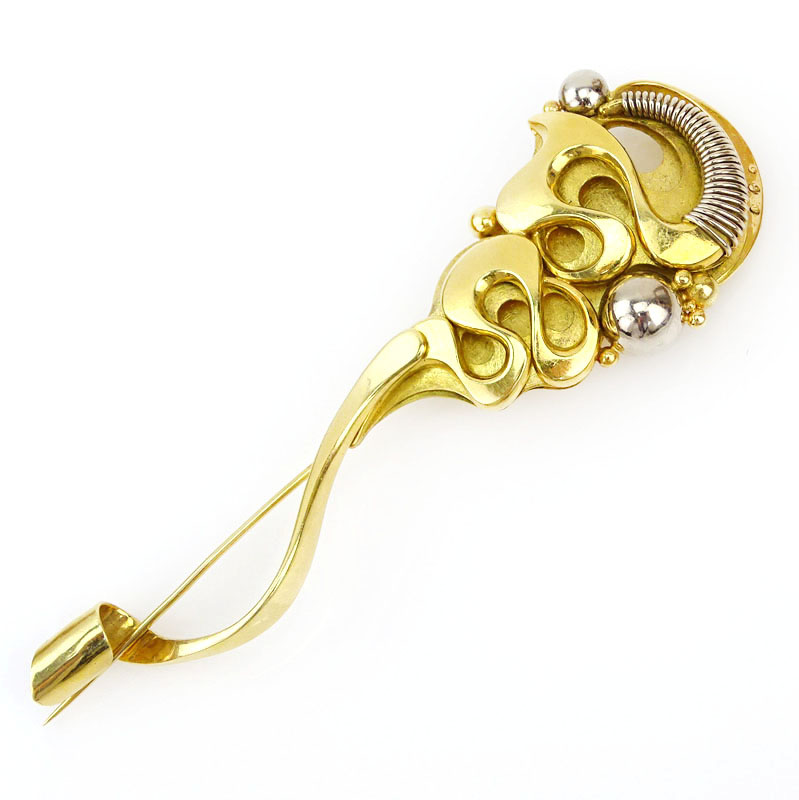 Amitai Kav, Israeli Circa 1997 18 Karat Yellow and White Gold Modern Design Brooch