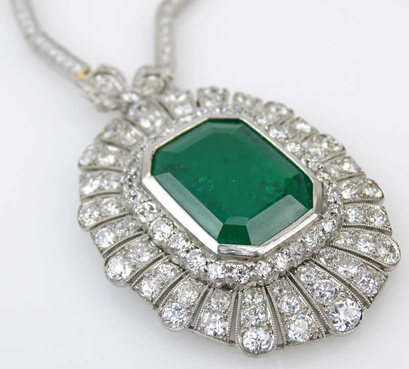 15.09 Carat Emerald Cut Colombian Emerald, 16.25 Carat Old European Cut Diamond and Platinum Pendant Necklace.