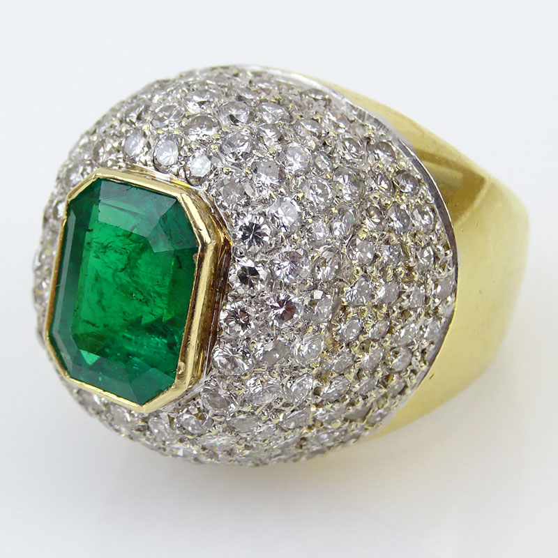 4.0 Carat Emerald Cut Colombian Emerald, 6.0 Carat Pave Set Round Cut Diamond and 18 Karat Yellow Gold Ring. 