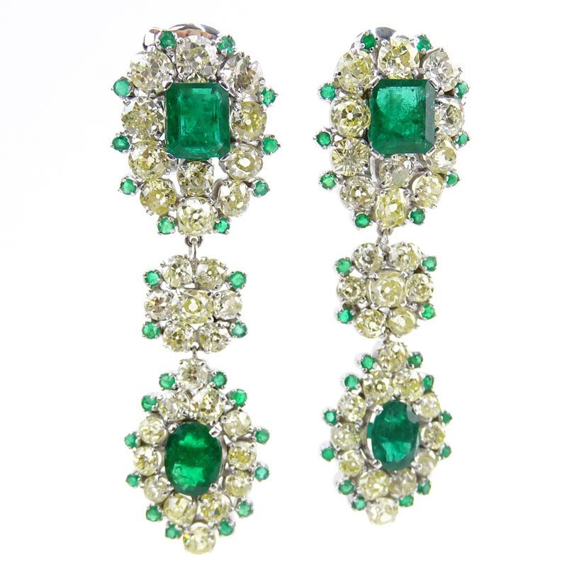  16.0 Carat Antique European Cut Fancy Yellow and White Diamond, 9.0 Carat Colombian Emerald and 18 Karat White Gold Pendant earrings. 