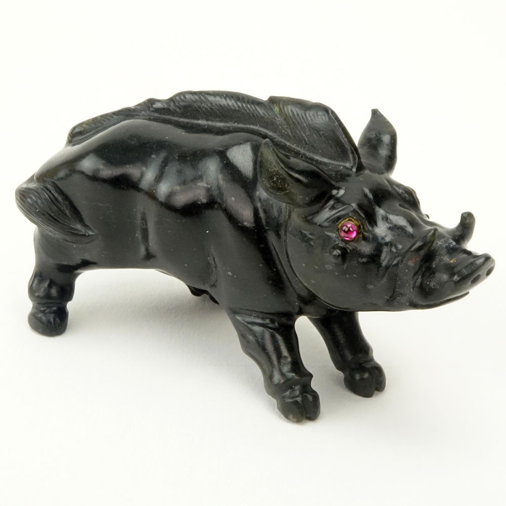 20th Century Russian Carved Obsidian Boar figure with Garnet Eyes in fitted box signed Faberge