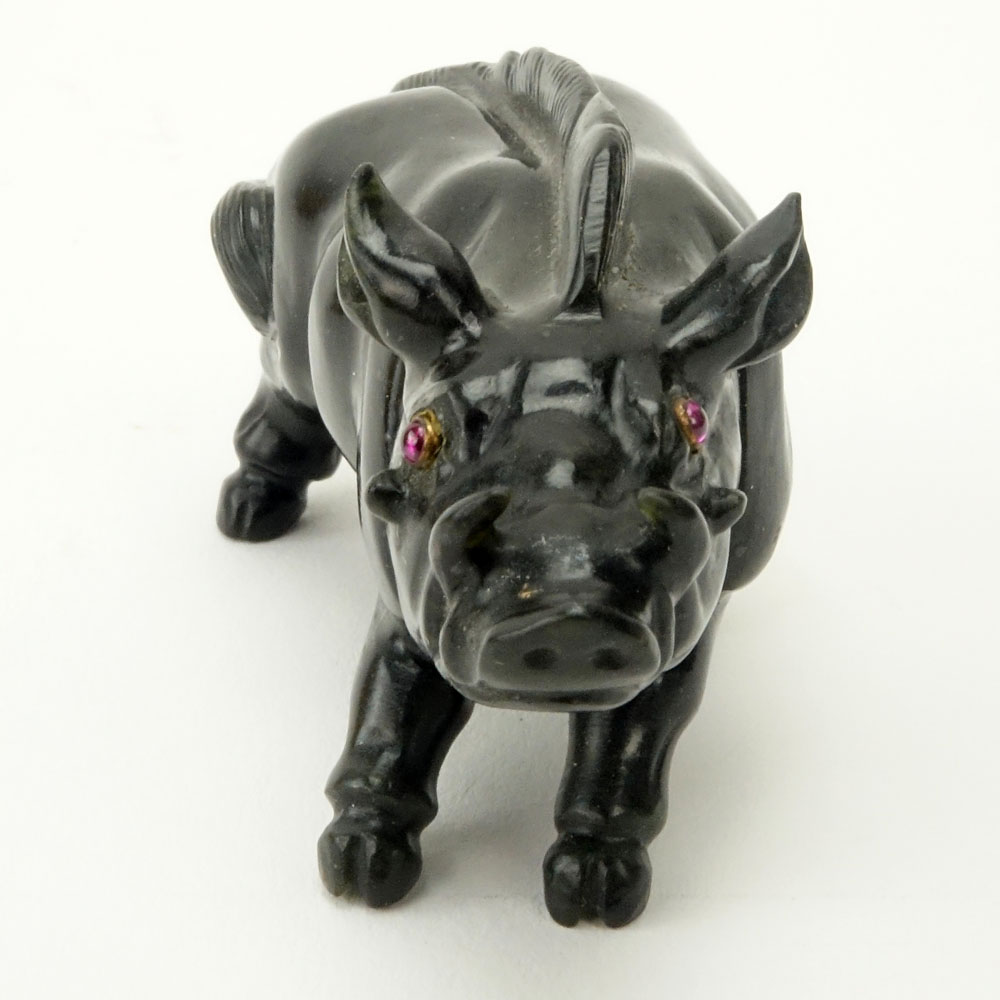 20th Century Russian Carved Obsidian Boar figure with Garnet Eyes in fitted box signed Faberge