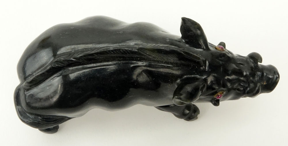 20th Century Russian Carved Obsidian Boar figure with Garnet Eyes in fitted box signed Faberge