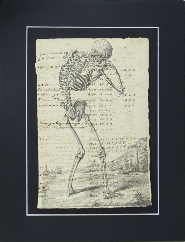 Three (3) 18th Century Manuscript Pages Decorated with Later Engravings "Skeleton"