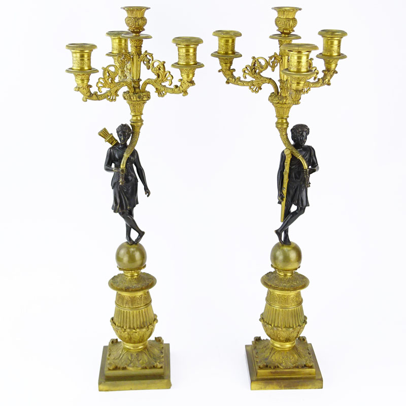 Pair of French 19th Century Charles X Patinated and Gilt Bronze Figural...