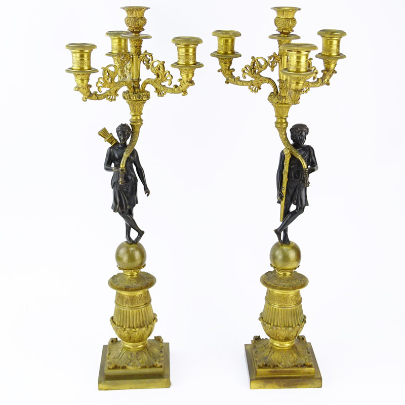 Pair of French 19th Century Charles X Patinated and Gilt Bronze Figural Four Light Candelabra