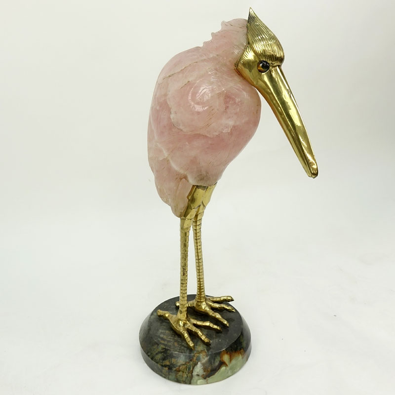 Large Rose Quartz and Brass Egret Sculpture On Marble Base