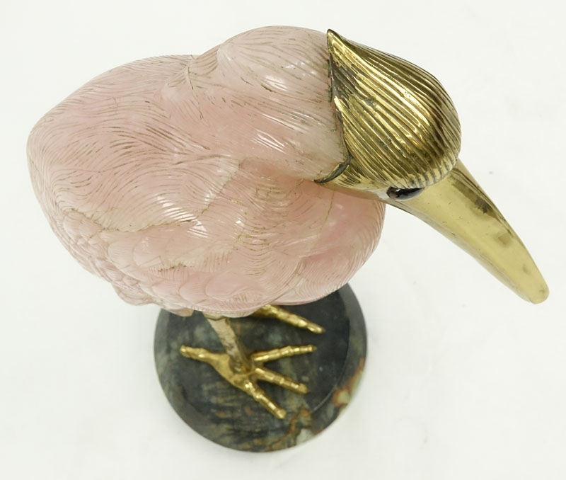 Large Rose Quartz and Brass Egret Sculpture On Marble Base