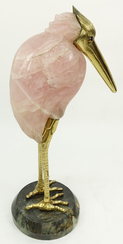 Large Rose Quartz and Brass Egret Sculpture On Marble Base