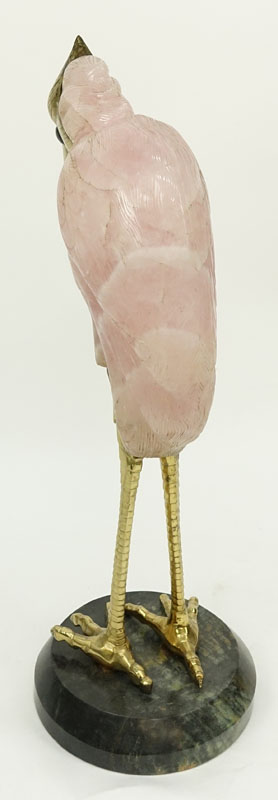 Large Rose Quartz and Brass Egret Sculpture On Marble Base