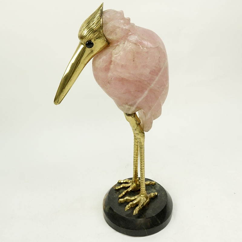 Large Rose Quartz and Brass Egret Sculpture On Marble Base