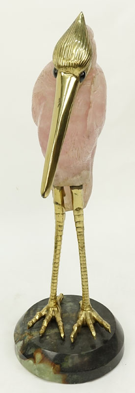 Large Rose Quartz and Brass Egret Sculpture On Marble Base