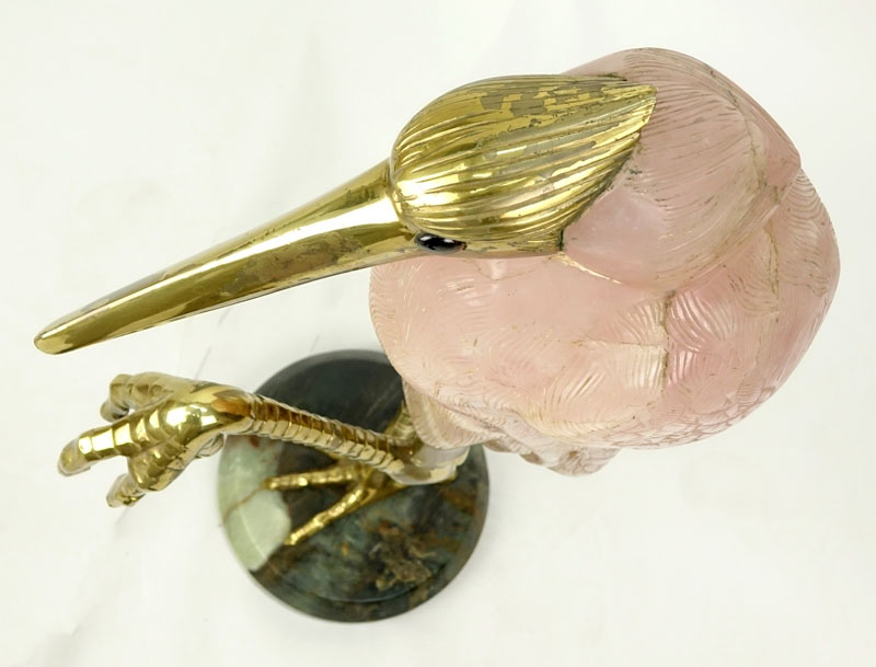 Large Rose Quartz and Brass Egret Sculpture On Marble Base