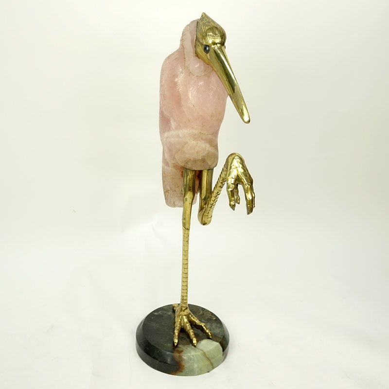 Large Rose Quartz and Brass Egret Sculpture On Marble Base